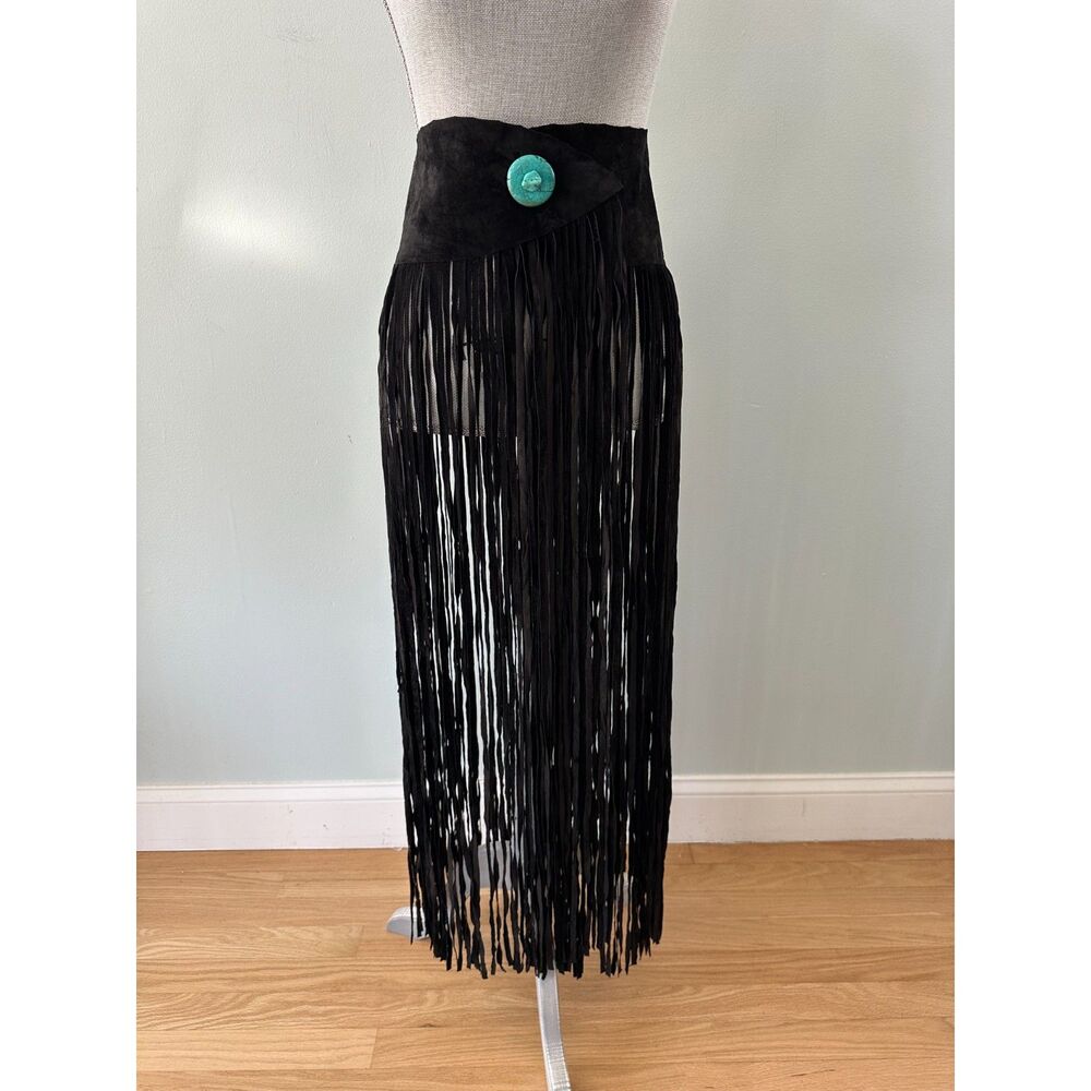 PAT DAHNKE Long Fringe Black Western Belt Leather Suede size Small